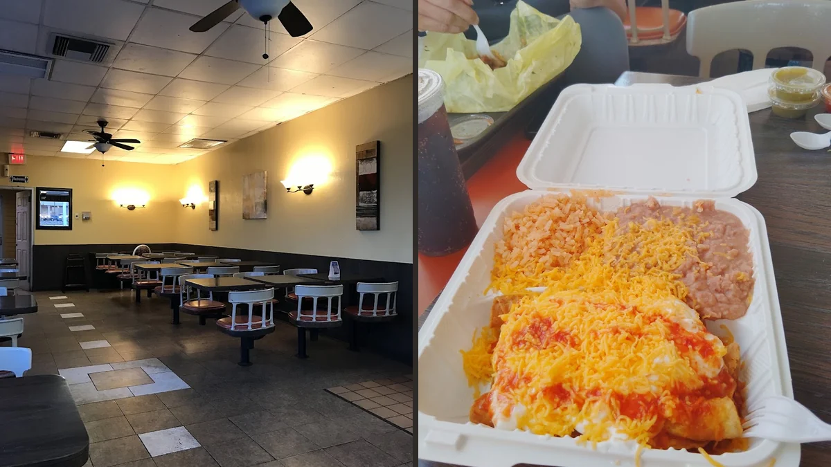 Mexican restaurant interior with simple tables and chairs.